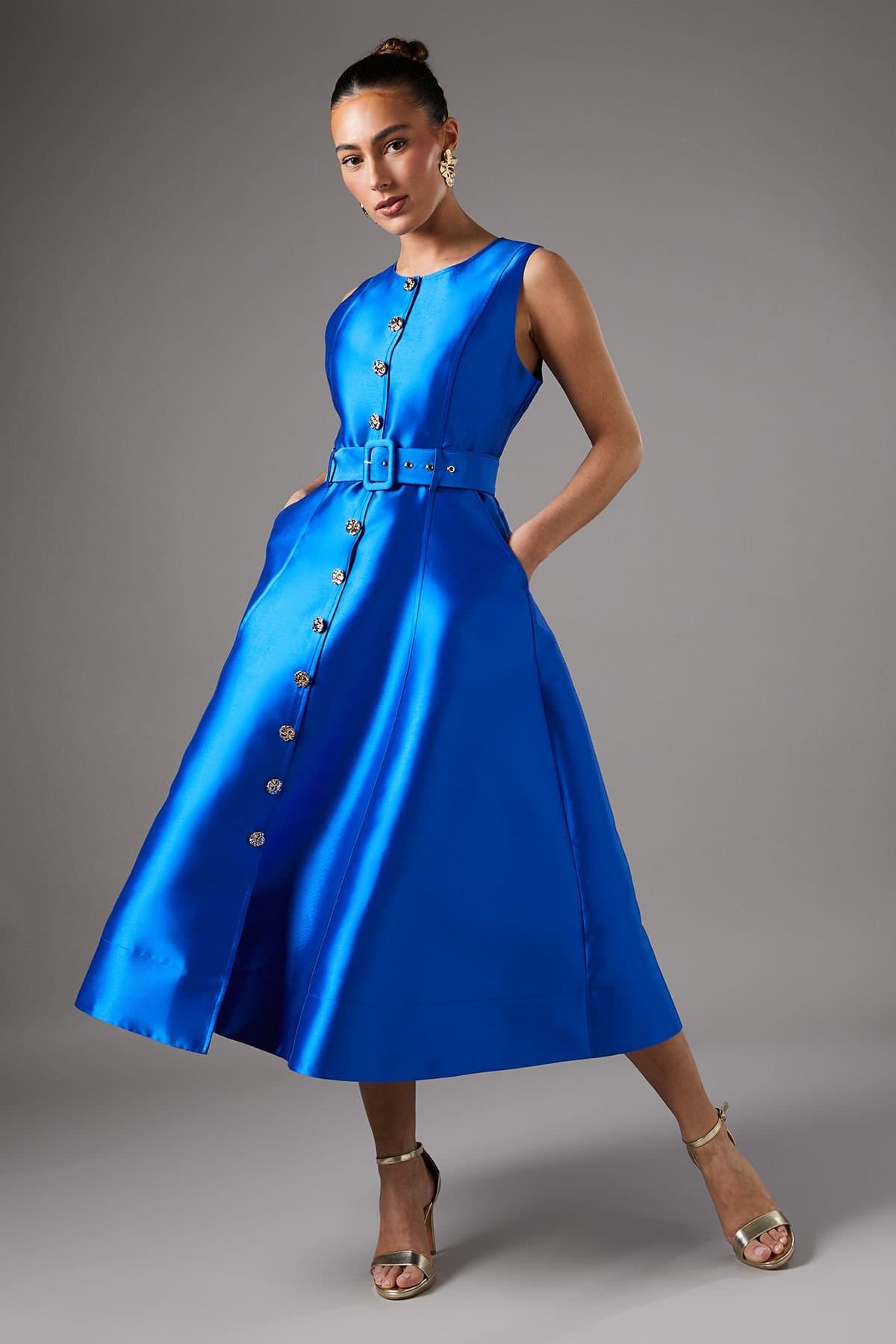 Coast Coast Women's Button Through Belted Prom Dress in Cobalt