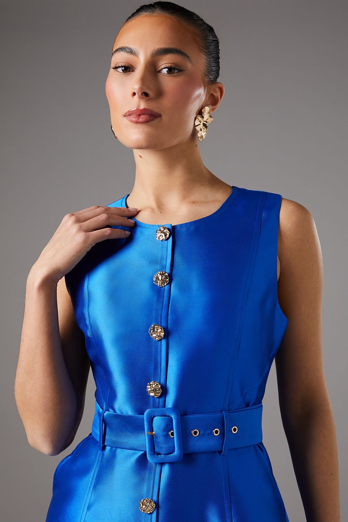 Coast Coast Women's Button Through Belted Prom Dress in Cobalt - 3