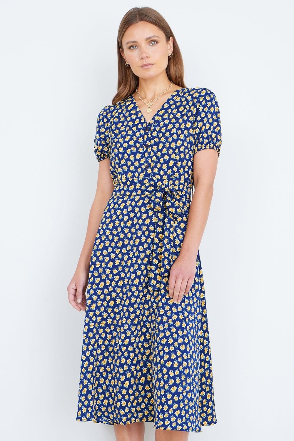 Yumi Women's Navy Floral Midi Shirt Dress