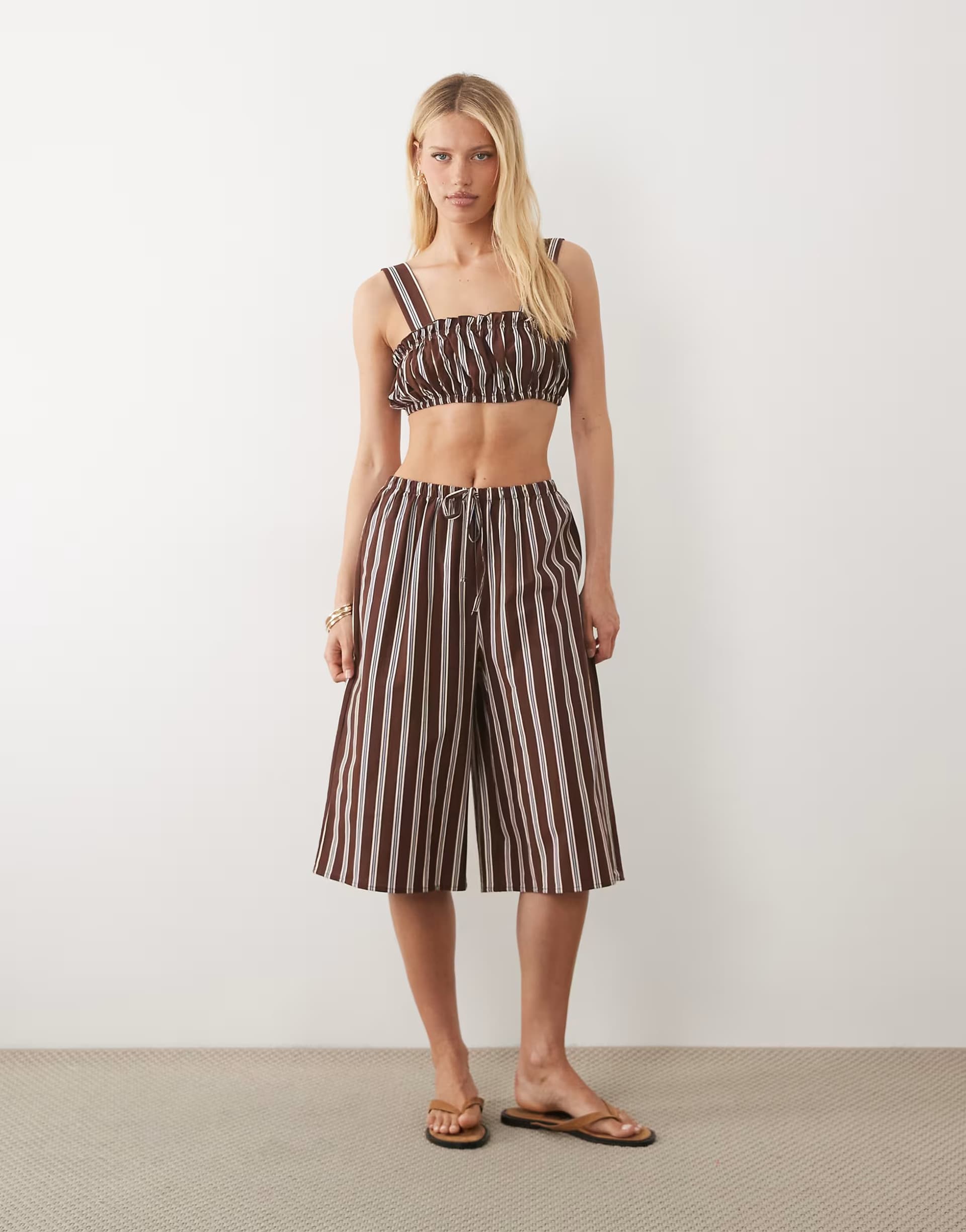 ASOS ASOS DESIGN linen blend ruched bralet in brown stripe co ord - MULTI