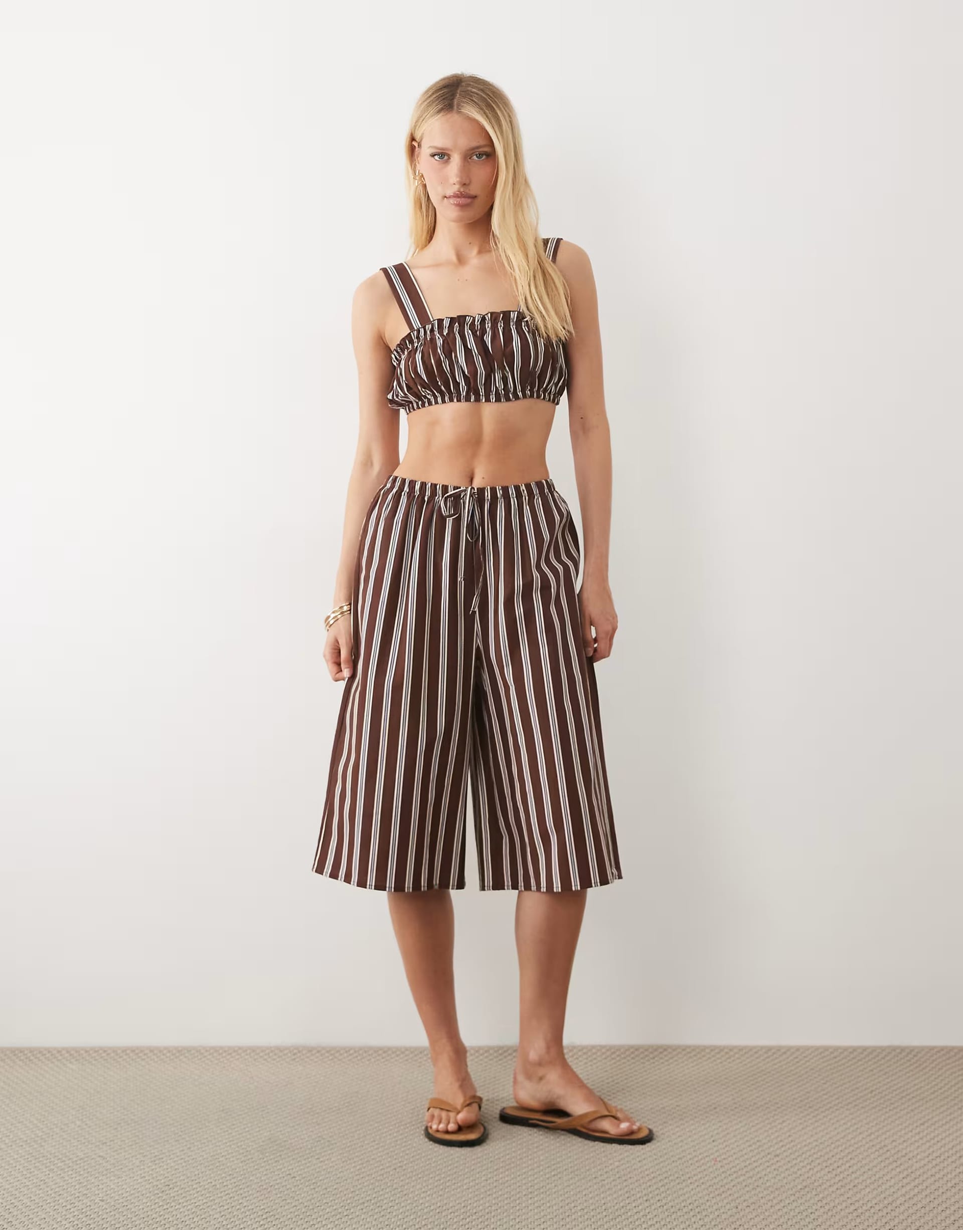 ASOS Brown Stripe Ruche Bralet & Pants Set