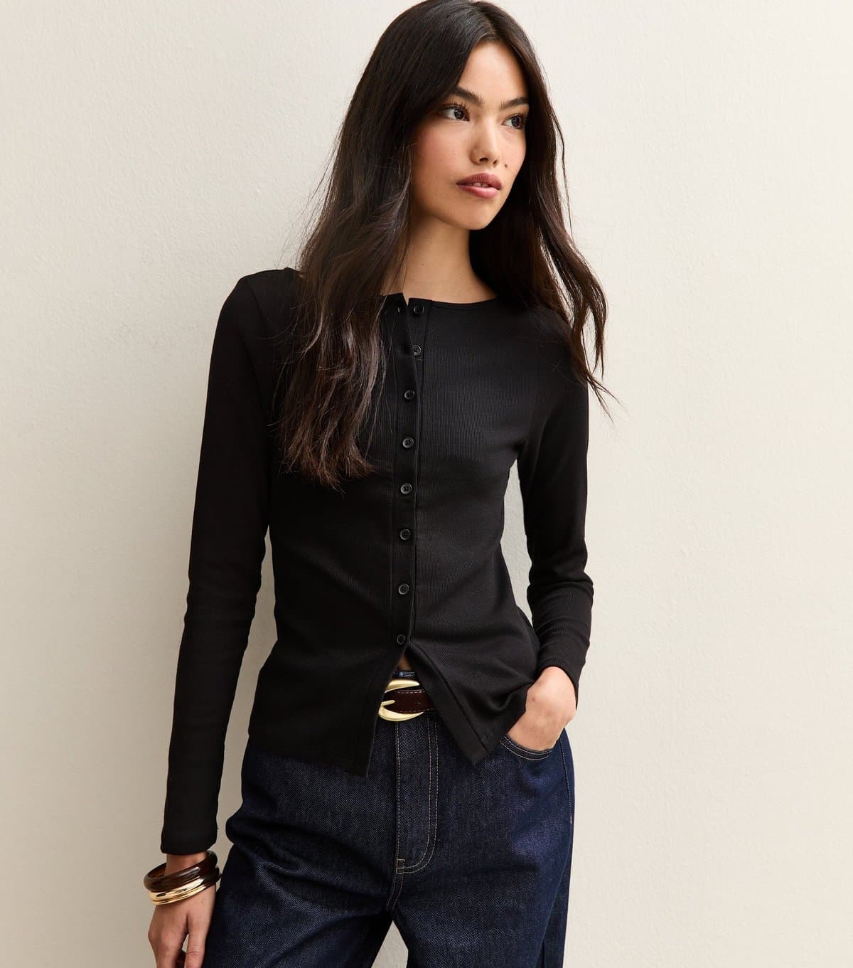 New Look New Look Black Ribbed Button Through Long Sleeve Top