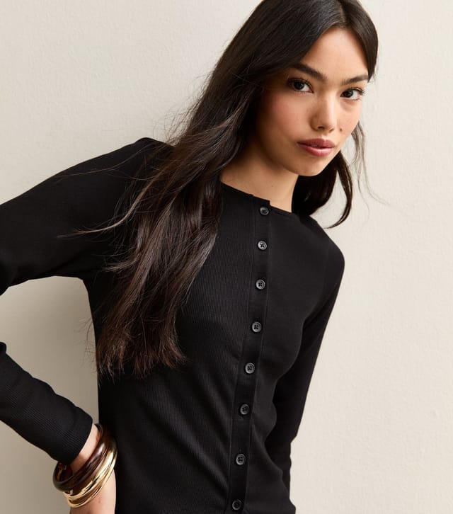 New Look Women's Black Ribbed Button Through Long Sleeve Top New Look - 3