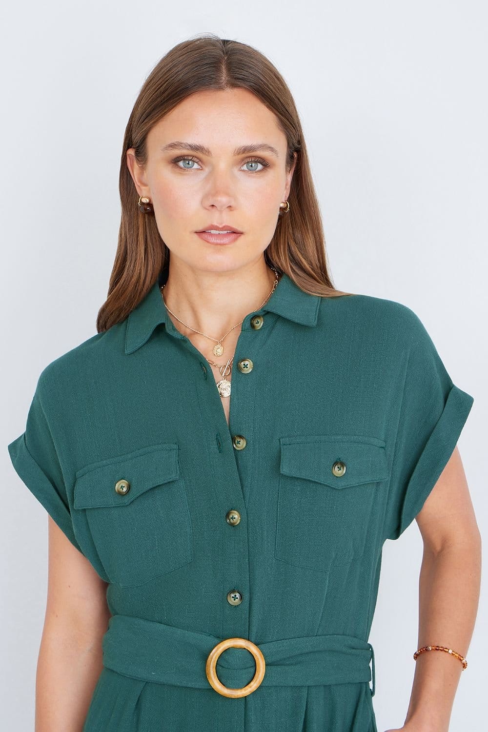 Yumi Yumi Women's Green Viscose Linen Look Midi Shirt Dress With Wooden Belt - 4