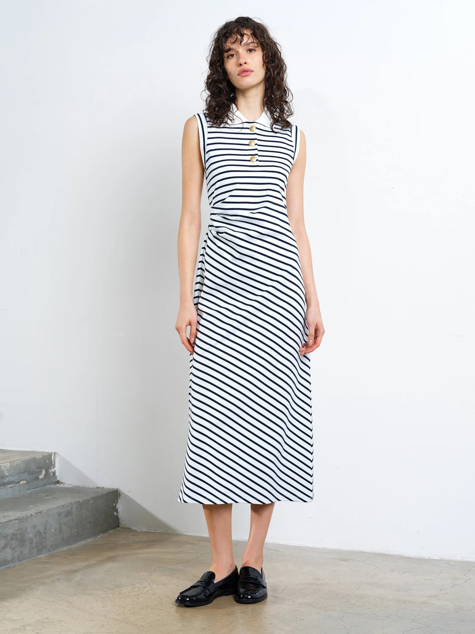 French Connection Tommy Monochrome Striped Sleeveless Polo Midi Dress Porcelain Cream/Black