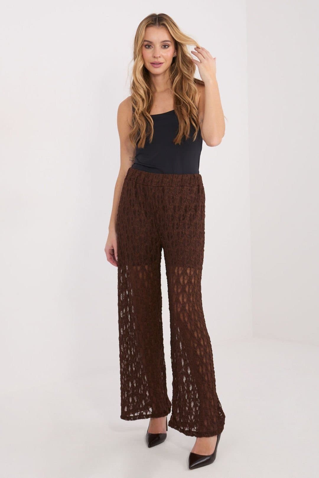 Love Lace Love Lace Women's Elegant Lace Wide Leg High Waist Trousers in Brown