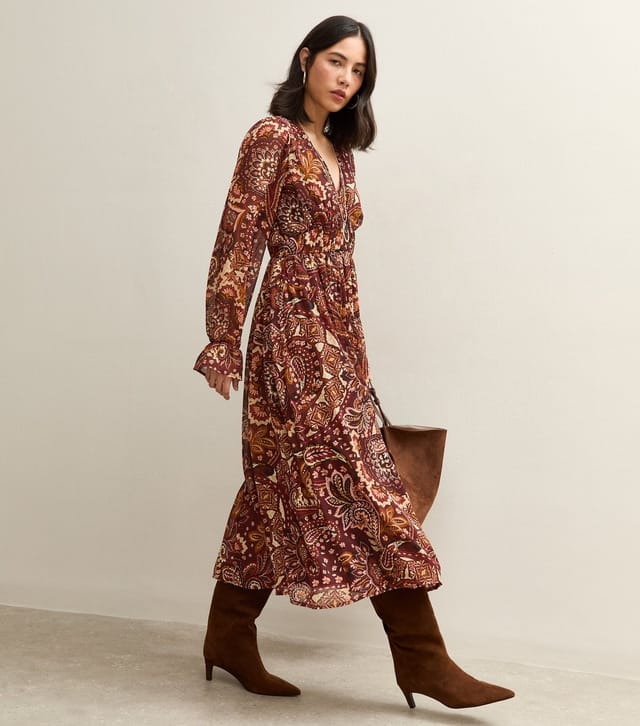 New Look Women's Brown Paisley Print V-Neck Long Sleeve Midi Dress New Look - 2
