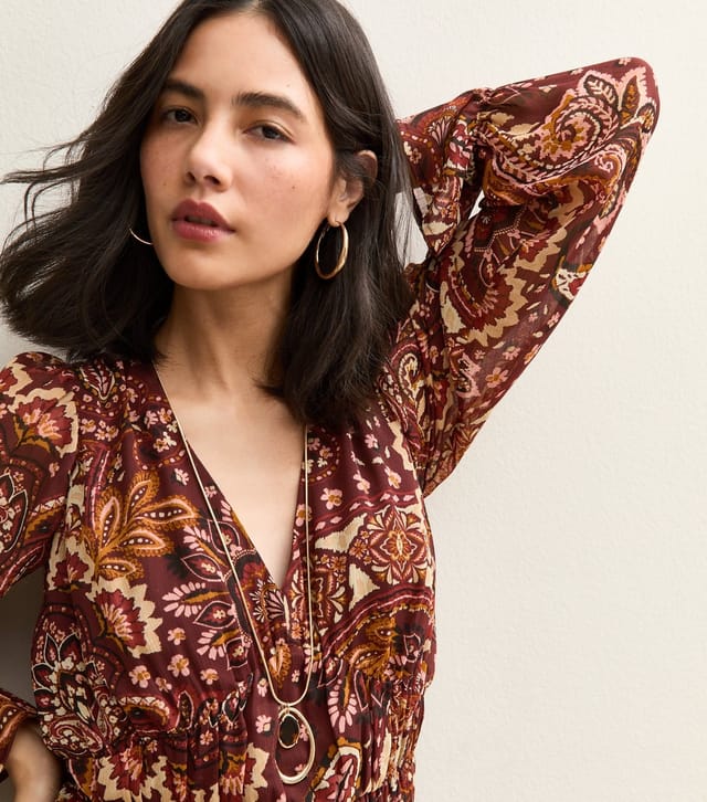 New Look Women's Brown Paisley Print V-Neck Long Sleeve Midi Dress New Look - 3