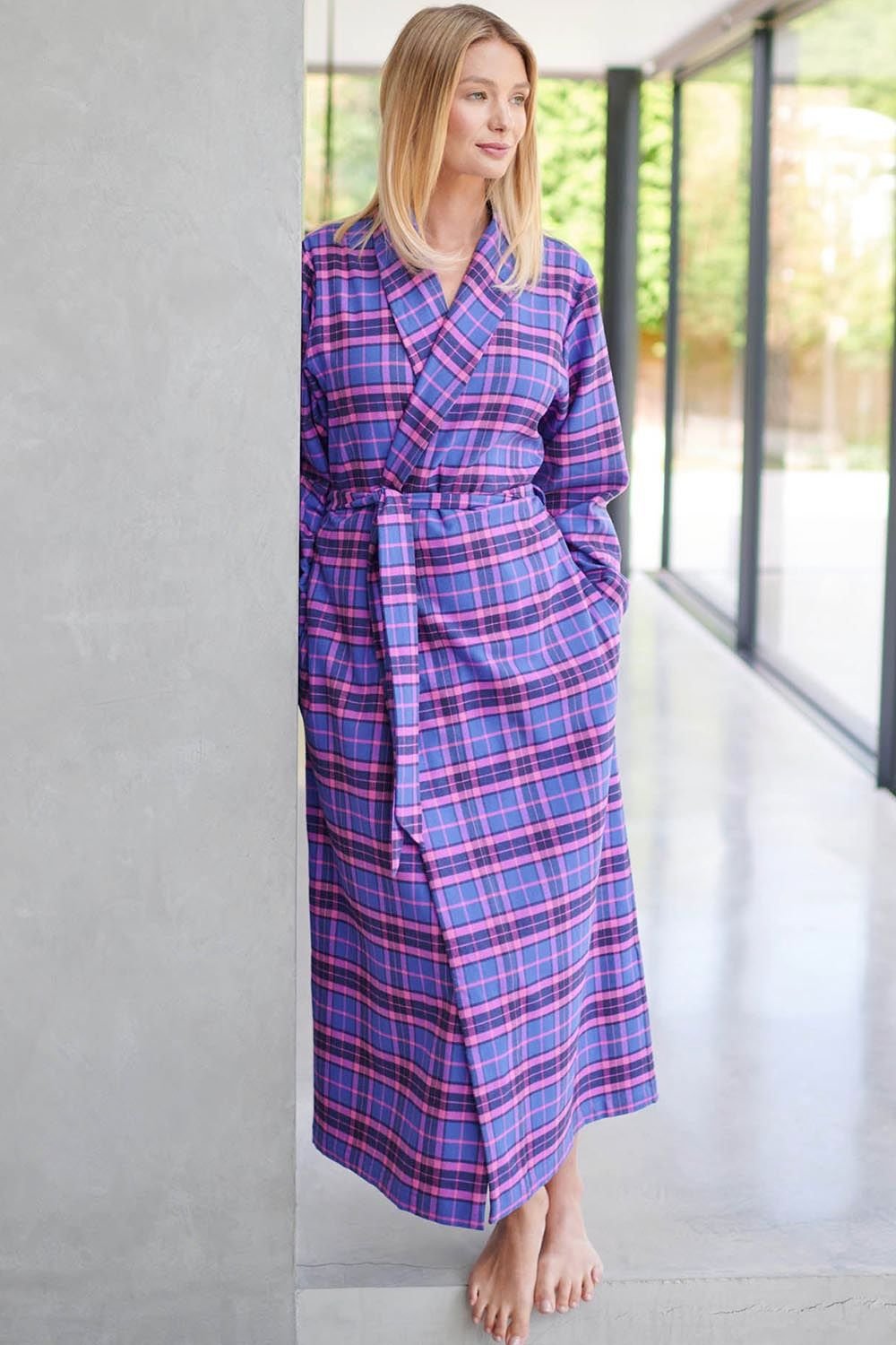 British Boxers British Boxers Women's "Lomond" Tartan Brushed Cotton Dressing Gown in Bright Pink - 4