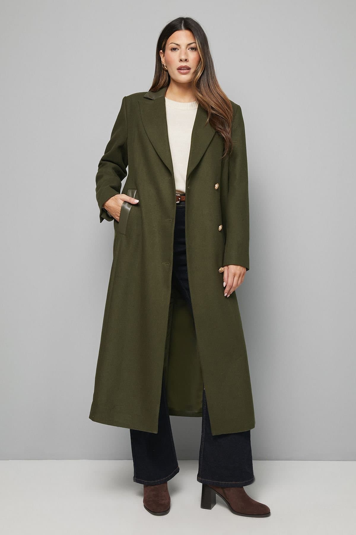 Wallis Wallis Women's Wool Blend Pocket Detail Maxi Coat in Khaki