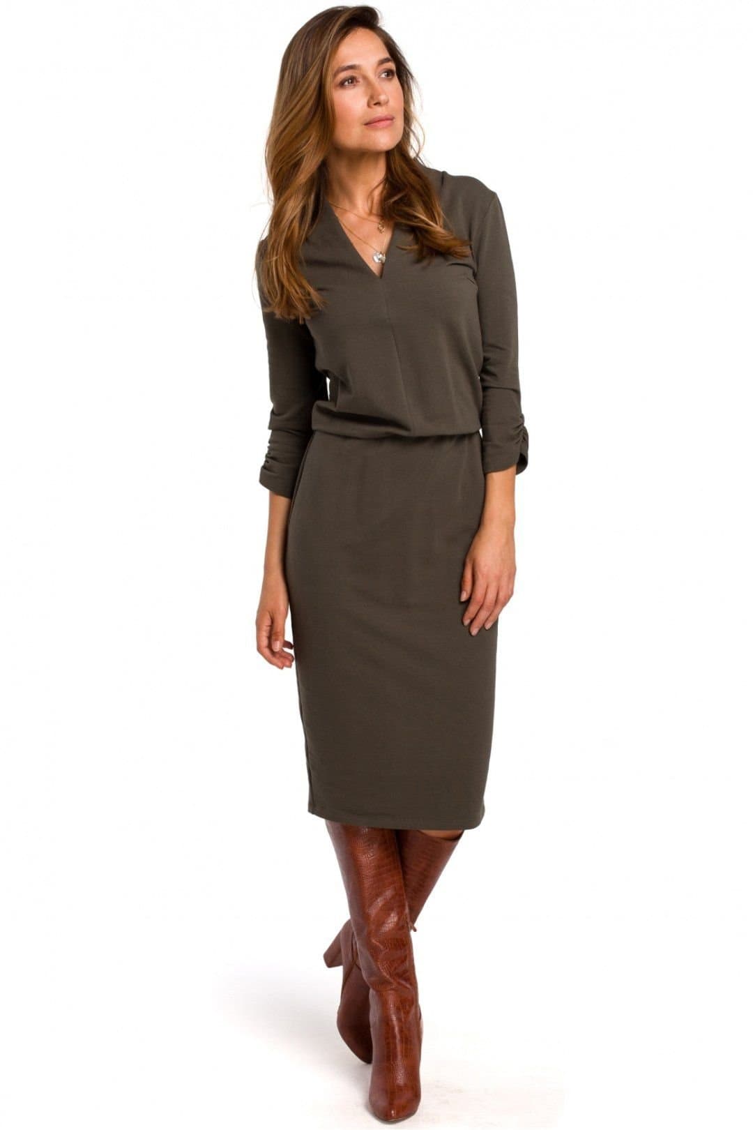 Love Lace Love Lace Women's Cotton Knit Workday Dress with Elastic Waist in Olive