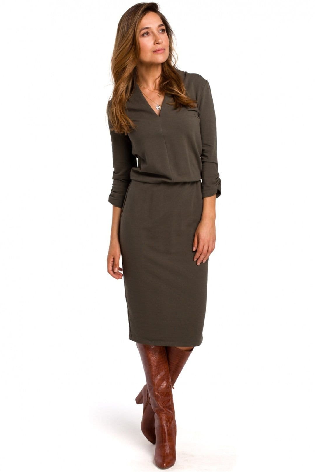Love Lace Olive Cotton Knit Workday Dress with Elastic Waist