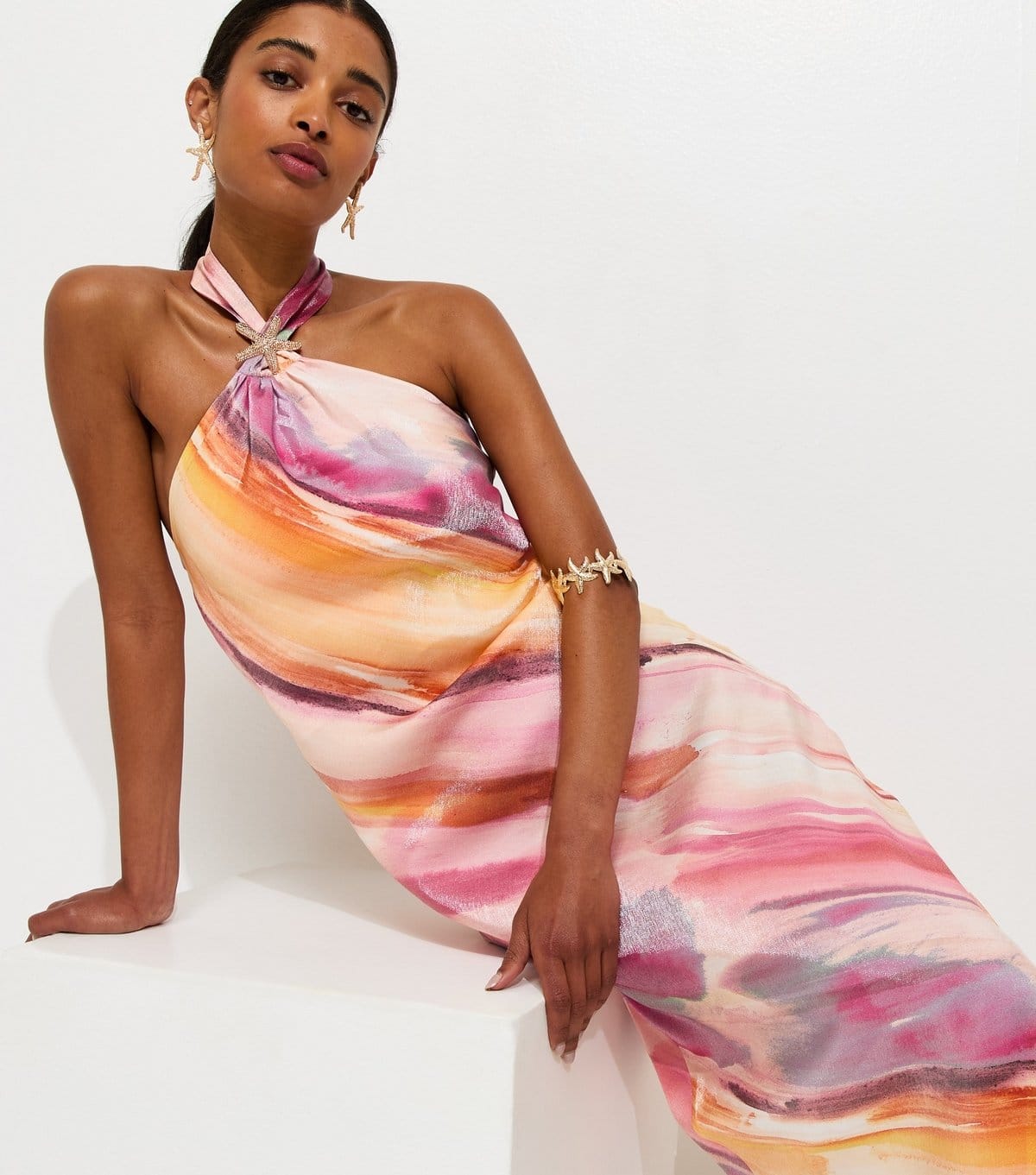 New Look Pink Diagonal Blurry Stripe Halterneck Midi Dress