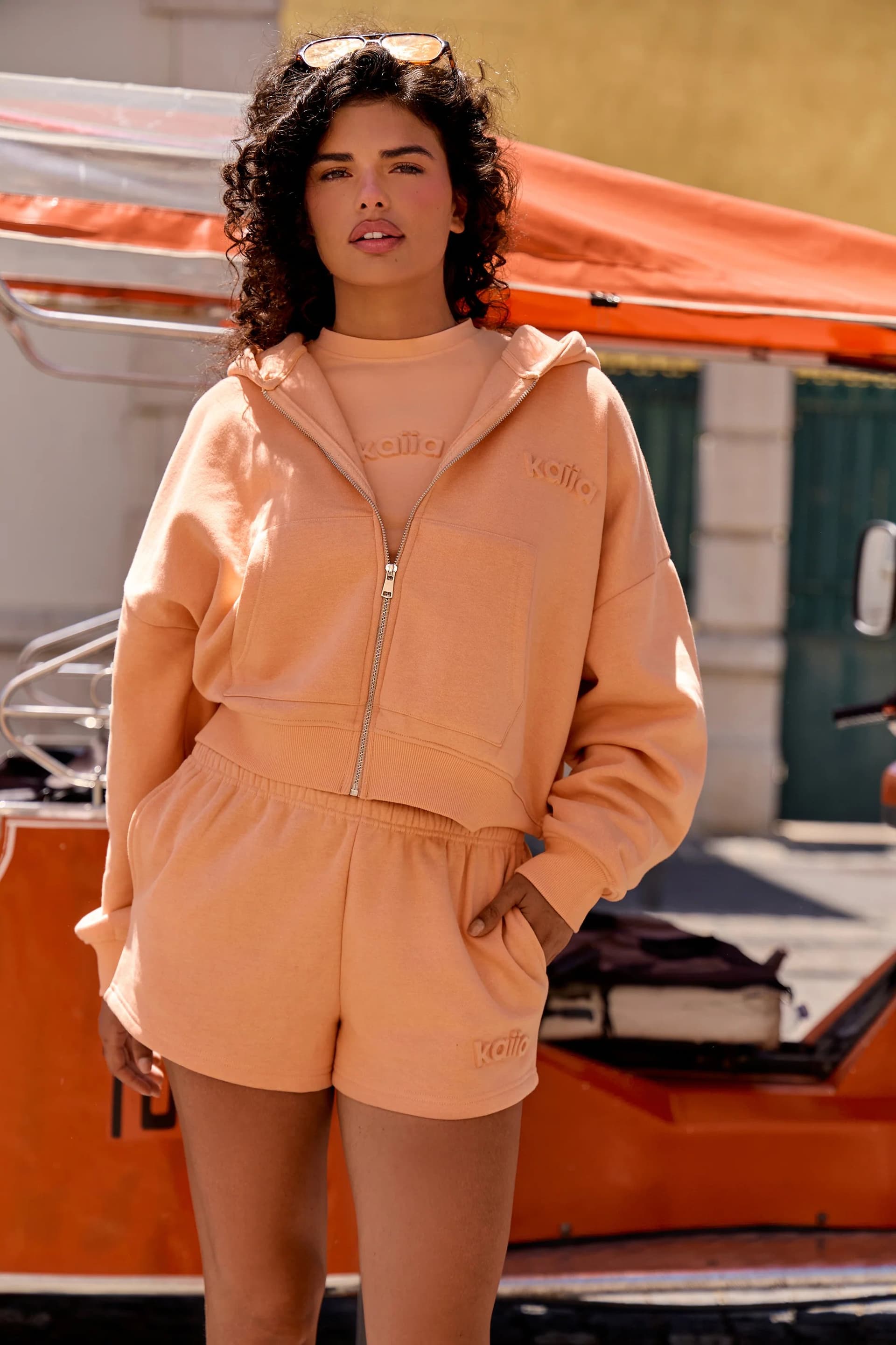 Kaiia Kaiia Embossed Logo Oversized Zip Through Hoodie Peach