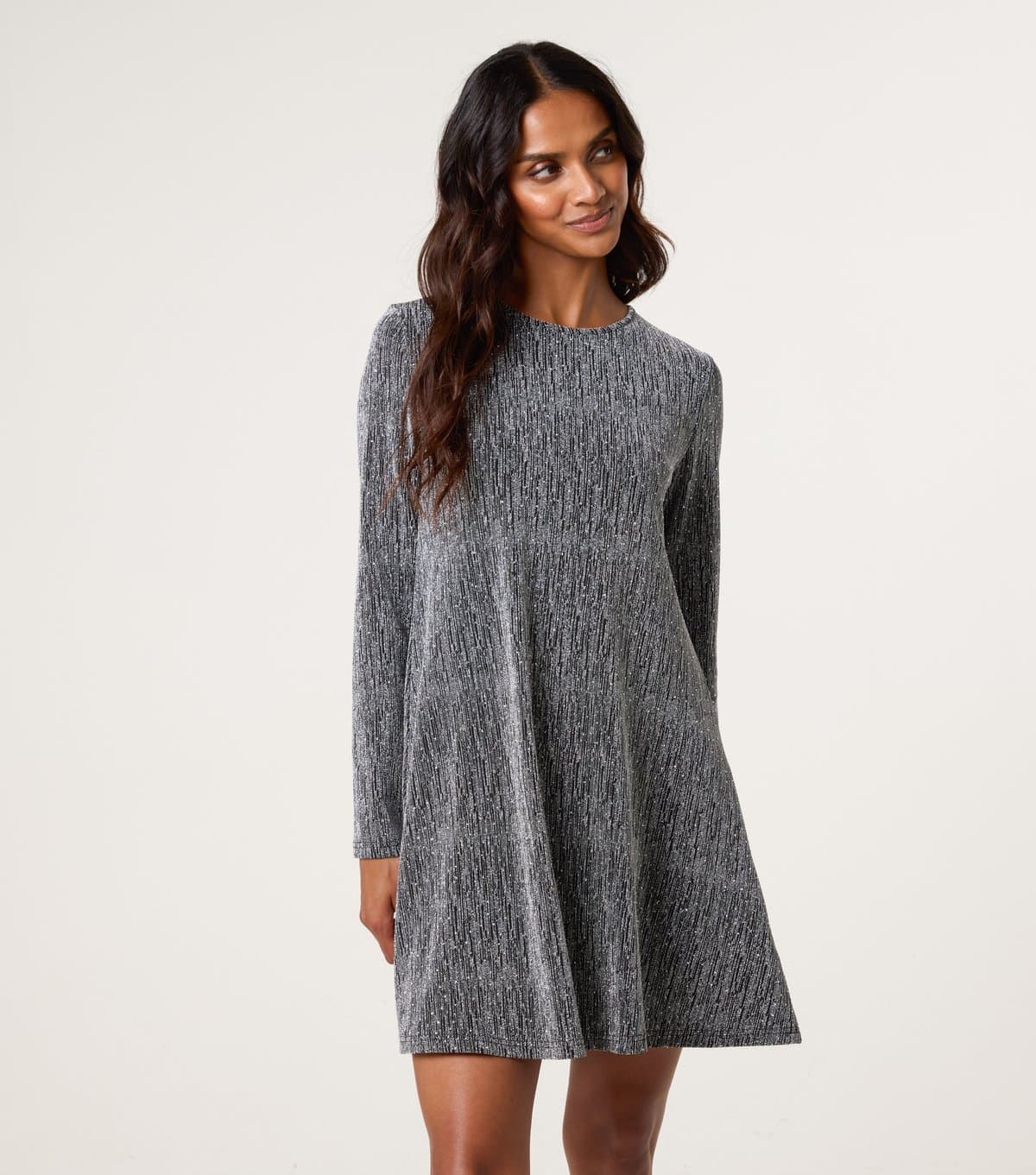 Blue Vanilla Women's Silver Long Sleeve Mini Swing Dress Blue Vanilla New Look