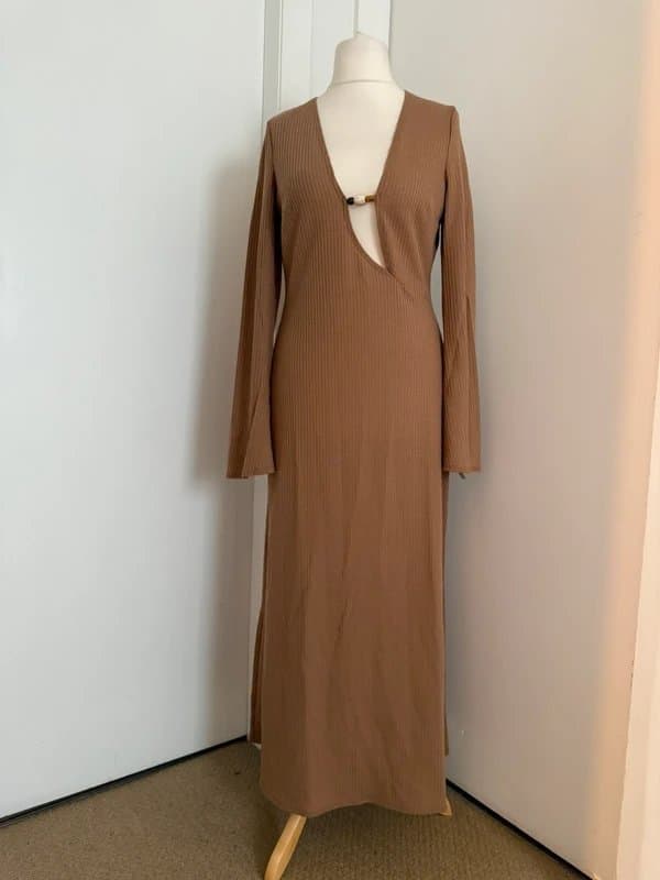 ASOS Design ASOS Design Taupe Waffle Maxi Dress, Long Sleeve, Boho Festival Occasion - Size UK 12