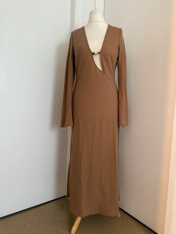ASOS Design ASOS Design Taupe Waffle Maxi Dress, Long Sleeve, Boho Festival Occasion - Size UK 12 - 1