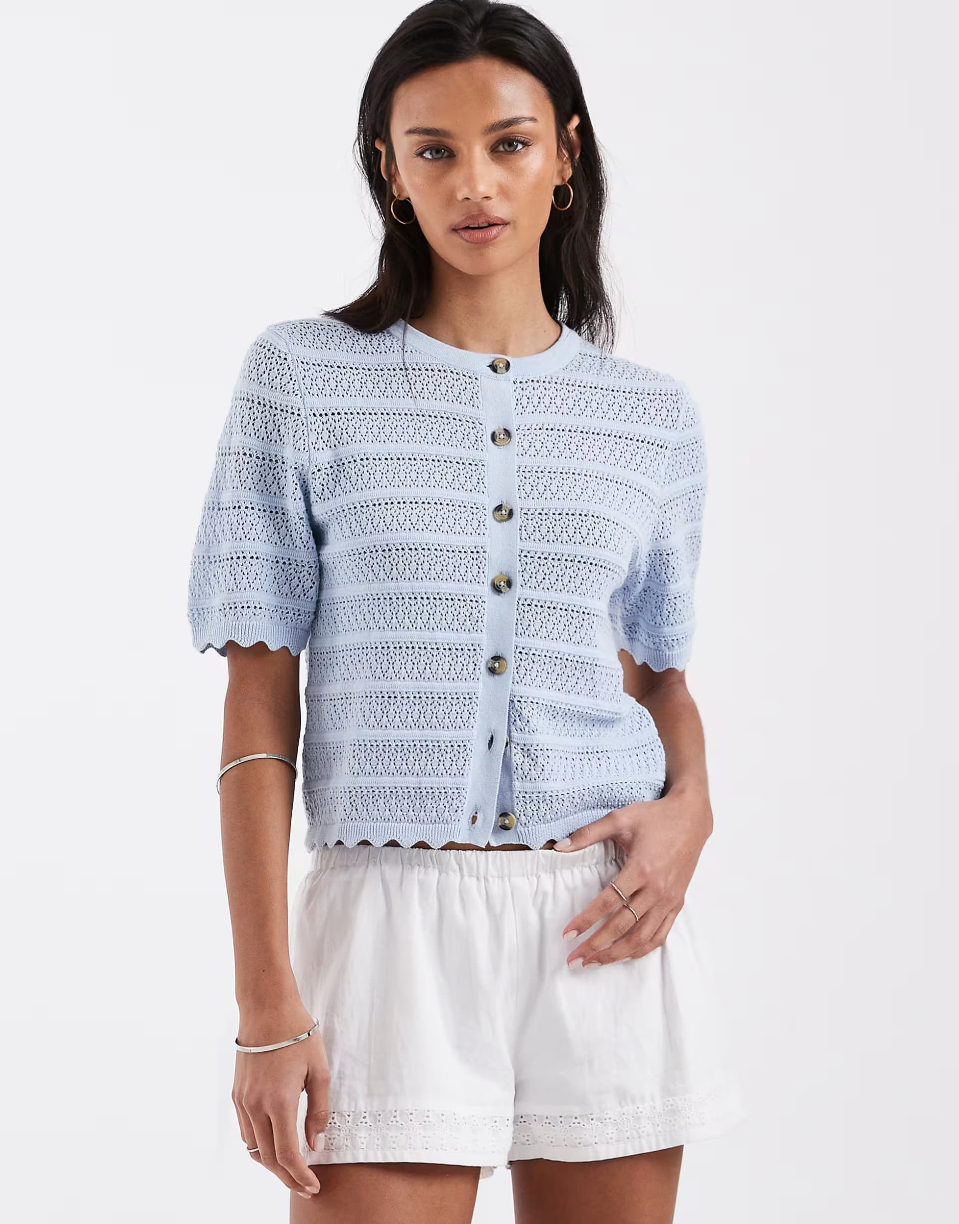 ASOS Brave Soul crochet knit short sleeve cardigan with scallop detail in baby blue