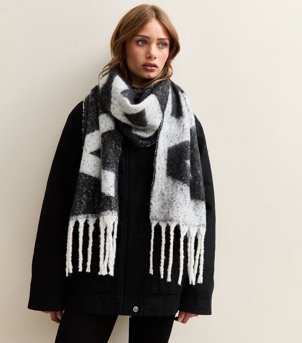 New Look Grey Atlanta Logo Fringed Scarf New Look