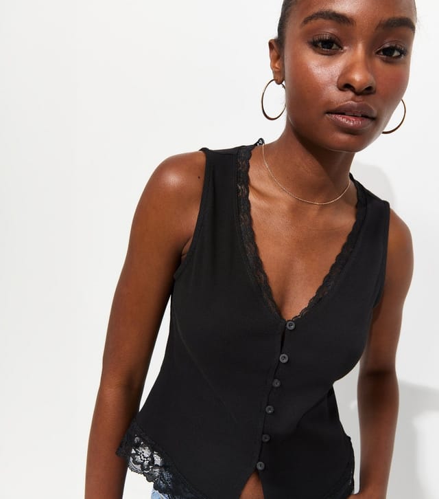 New Look Women's Black Lace Trim Button Up Rib Vest New Look - 2