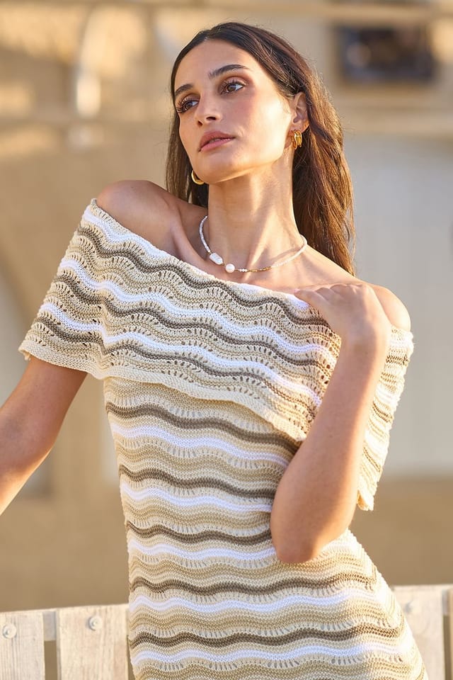 Yumi Yumi Women's Beige Stripe Crochet Knit Bardot Midi Dress - 3