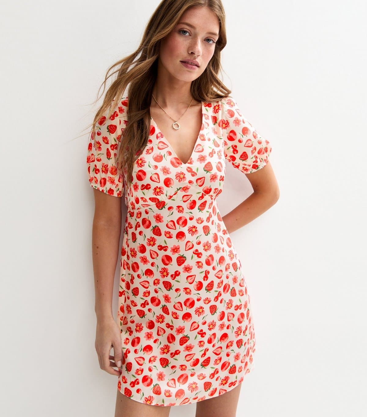 New Look Women's White Strawberry Print Tie Back Satin Mini Dress New Look