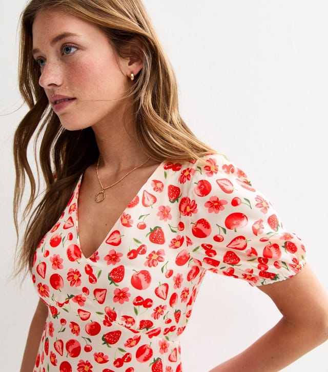 New Look Women's White Strawberry Print Tie Back Satin Mini Dress New Look - 3