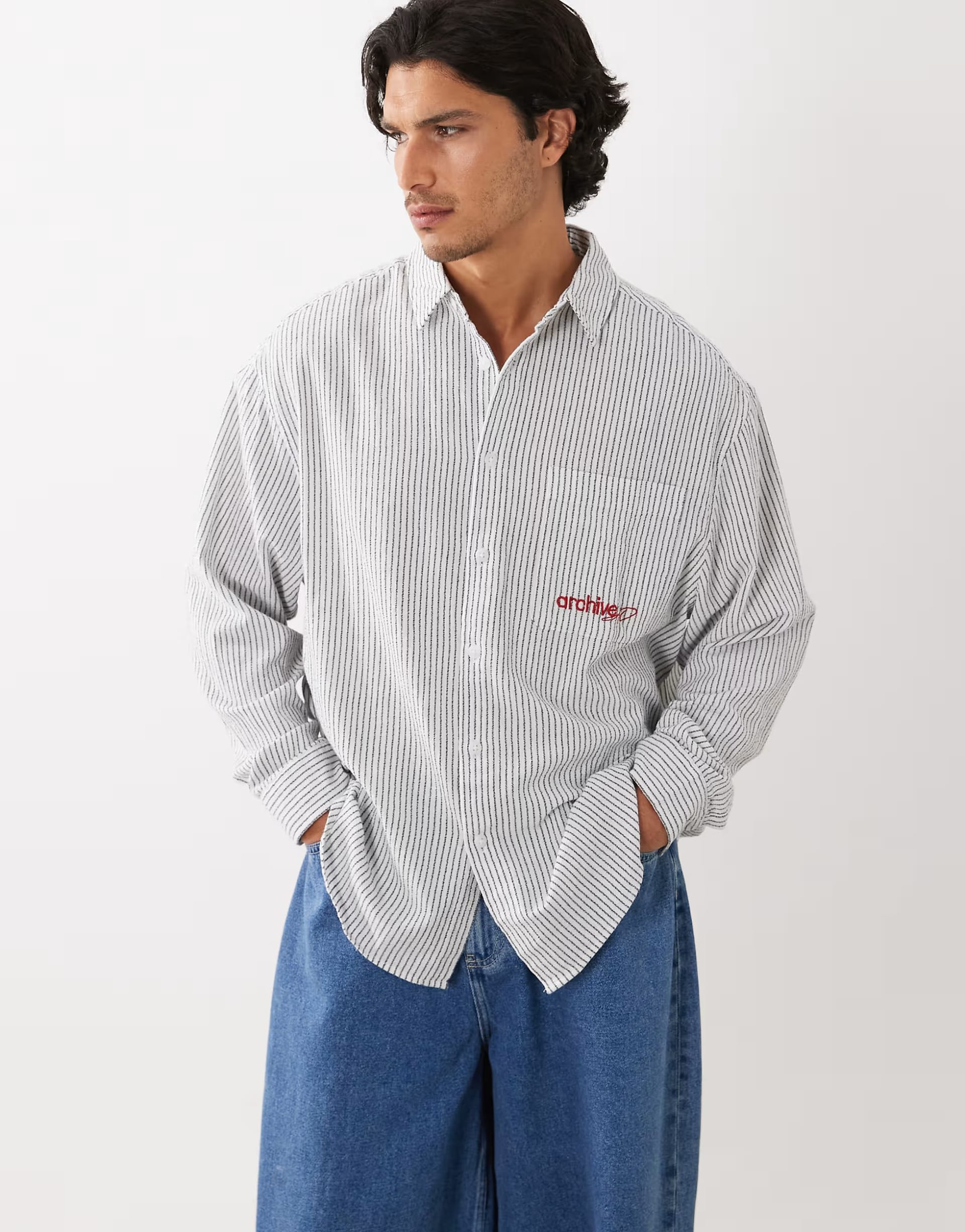 ASOS DESIGN oversized stripe shirt with pocket embroidery in black and white