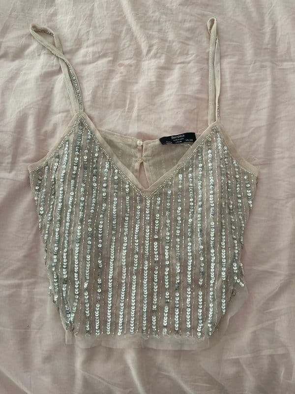 Bershka Silver Sequin V-Neck Top