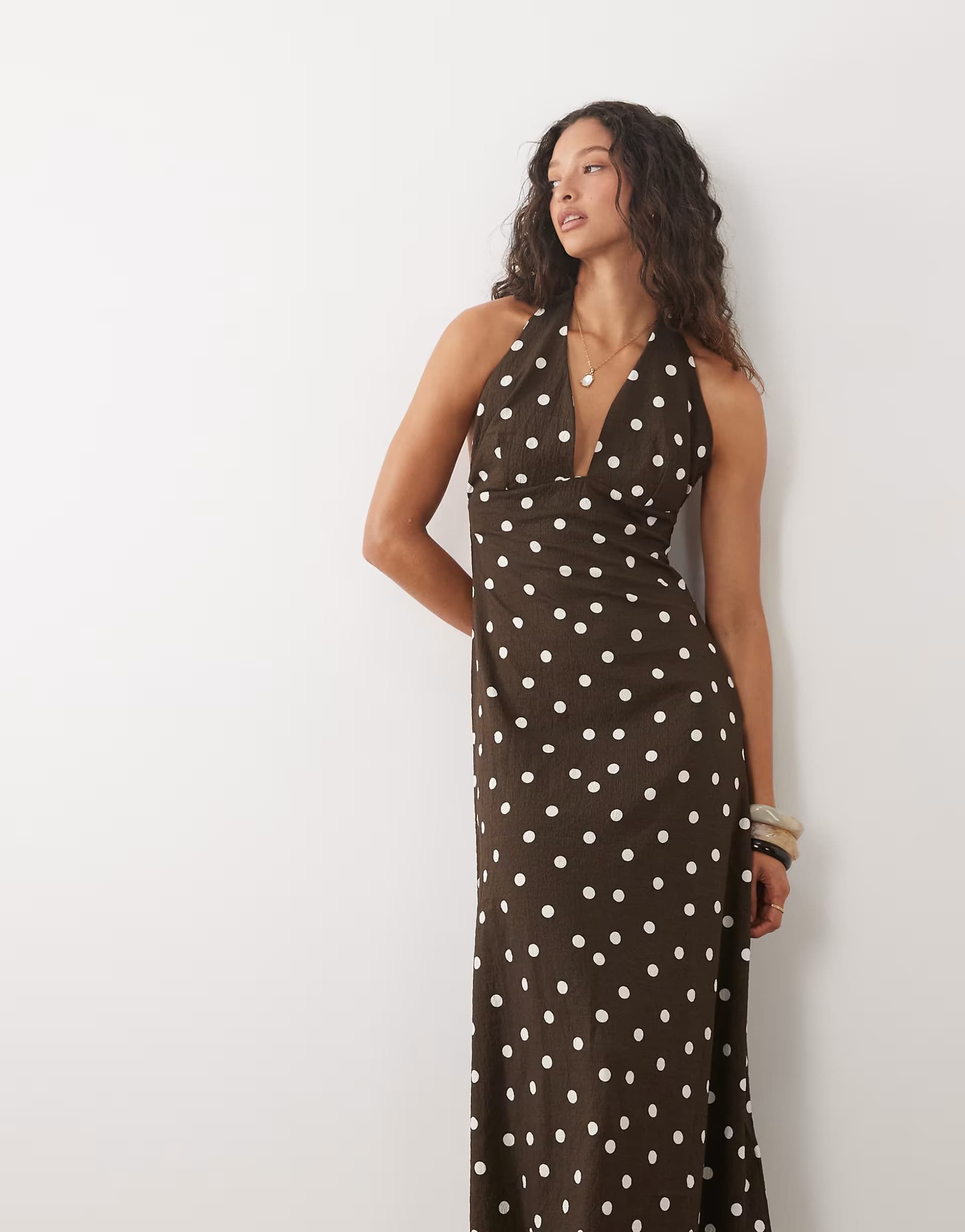 ASOS Brave Soul halterneck midi dress in large scale brown and white polka dot print