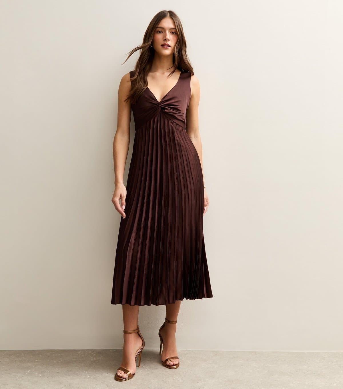 New Look Women's Dark Brown Satin Pleated Midi Dress New Look