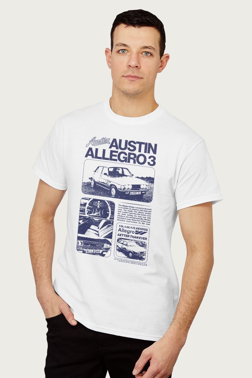 Austin Austin Men's Blue Allegro 3 Car British Motor Heritage T-Shirt in White