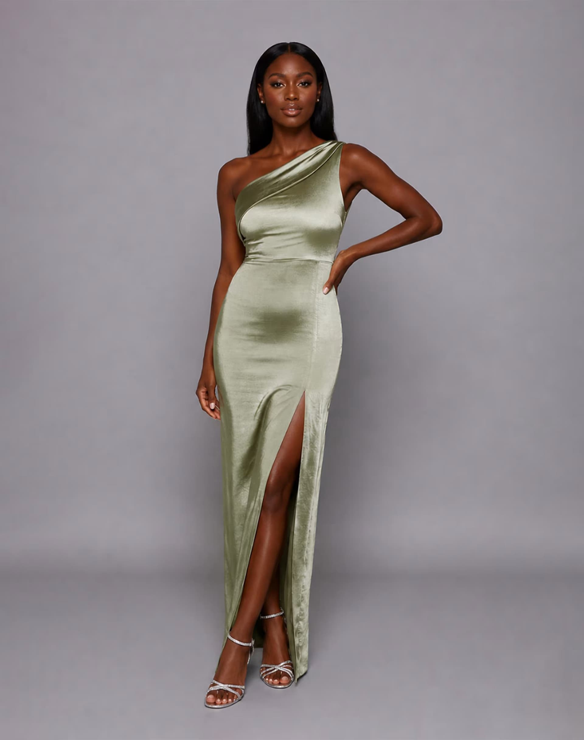 ASOS Vesper One shoulder satin maxi dress in olive