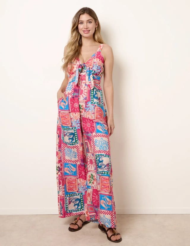 Blue Vanilla Tie Front Jumpsuit In Postcard Print - 3