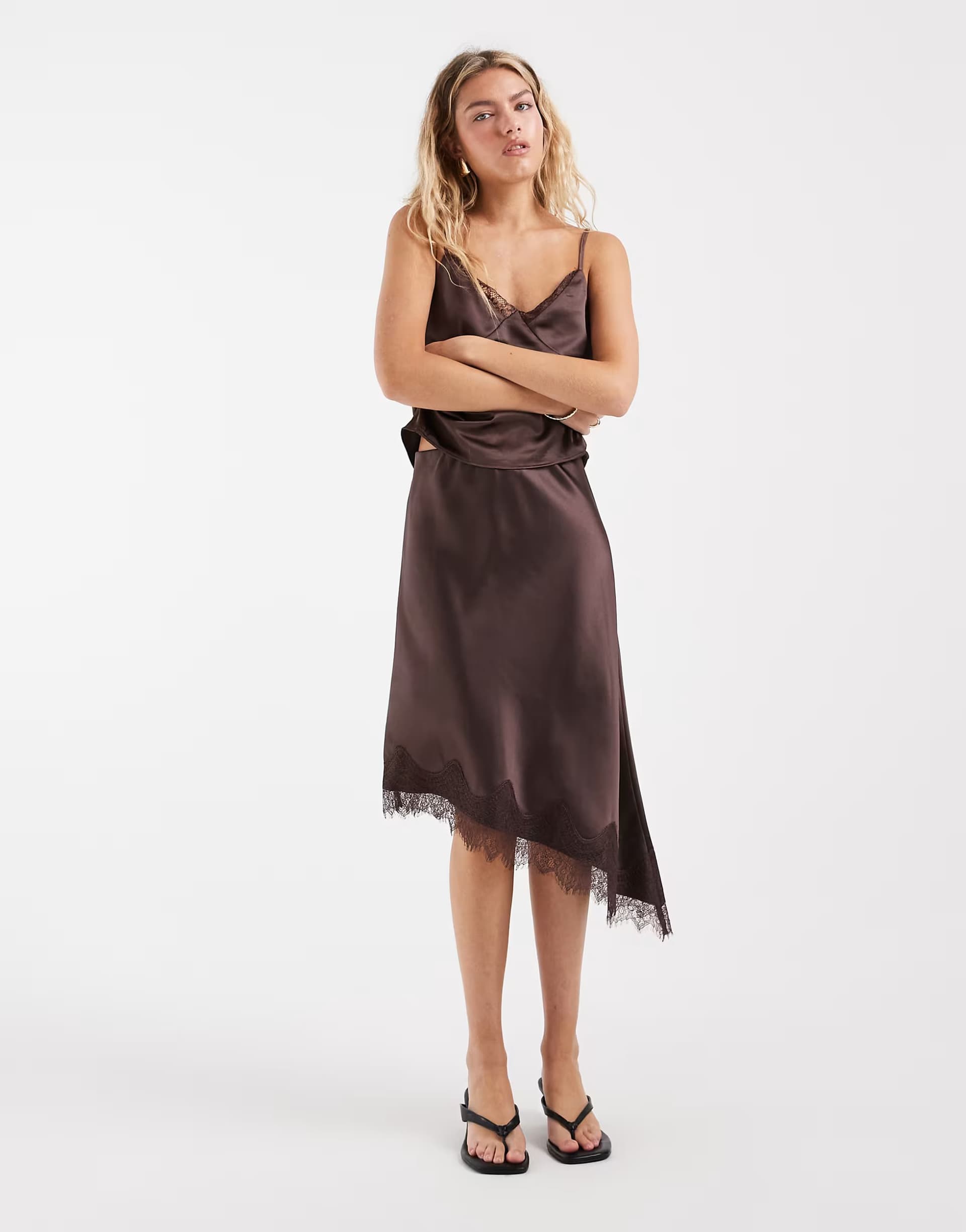 ASOS ONLY assymetric satin lace midi skirt co-ord in brown
