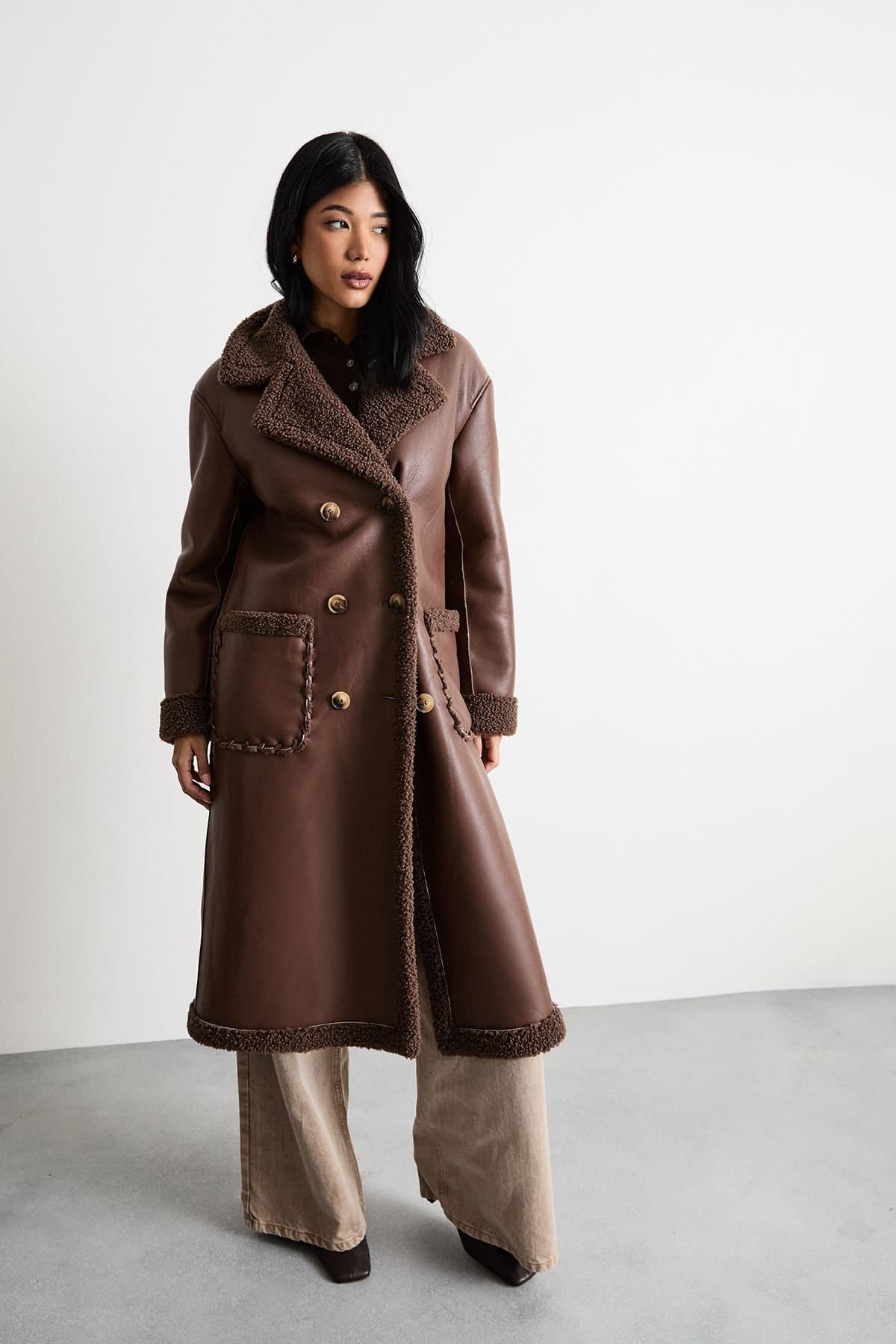 Warehouse Warehouse Women's Whipstitch Faux Leather Shearling Coat in Chocolate