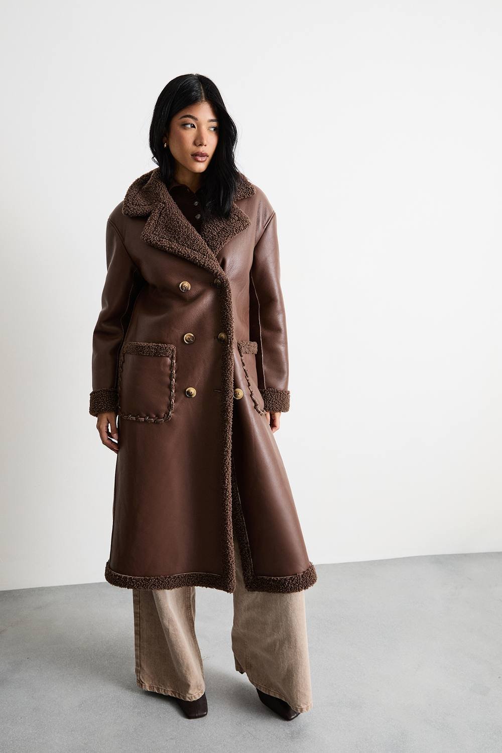 Warehouse Warehouse Women's Whipstitch Faux Leather Shearling Coat in Chocolate - 2