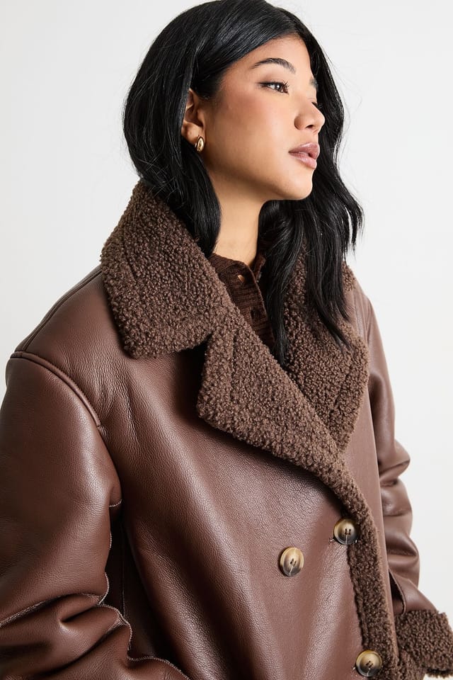 Warehouse Warehouse Women's Whipstitch Faux Leather Shearling Coat in Chocolate - 2