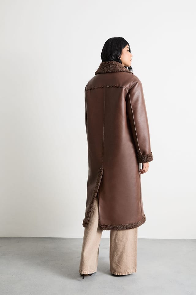 Warehouse Warehouse Women's Whipstitch Faux Leather Shearling Coat in Chocolate - 3