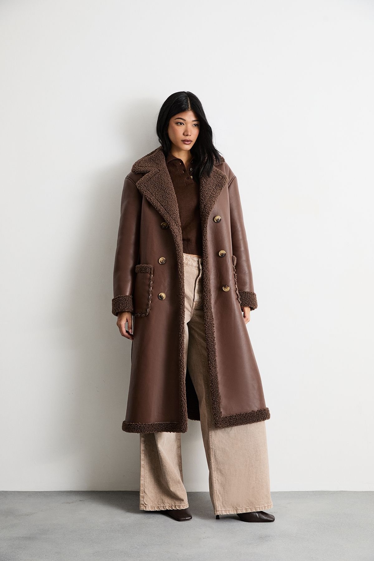 Warehouse Warehouse Women's Whipstitch Faux Leather Shearling Coat in Chocolate - 4
