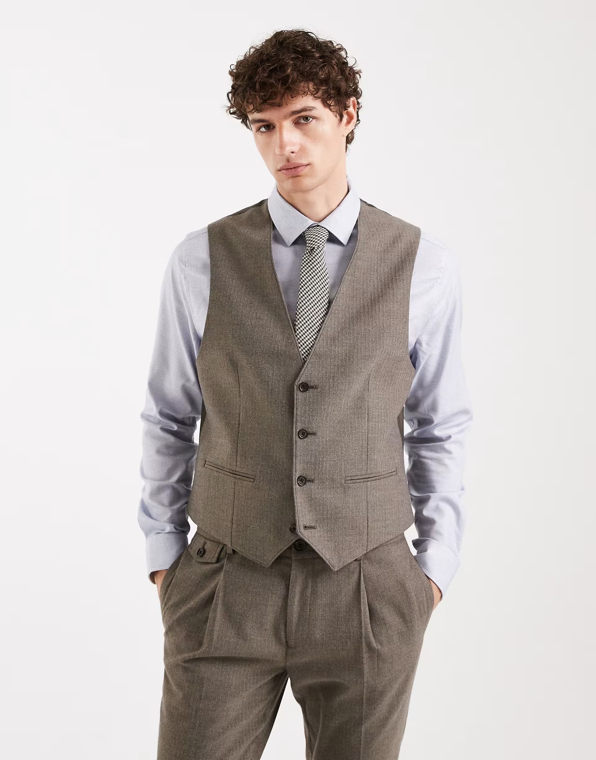 ASOS ASOS Skinny Wool Look Suit Waistcoat in Khaki Herringbone Flannel