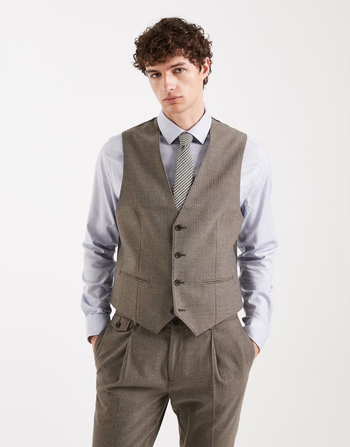 ASOS ASOS DESIGN skinny wool look suit waistcoat in khaki herringbone flannel - 1