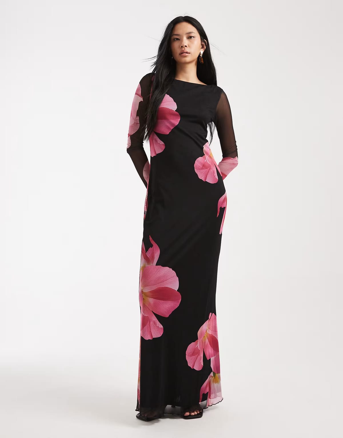 ASOS Vero Moda Tall long sleeve mesh maxi dress in black with overblown floral - 1