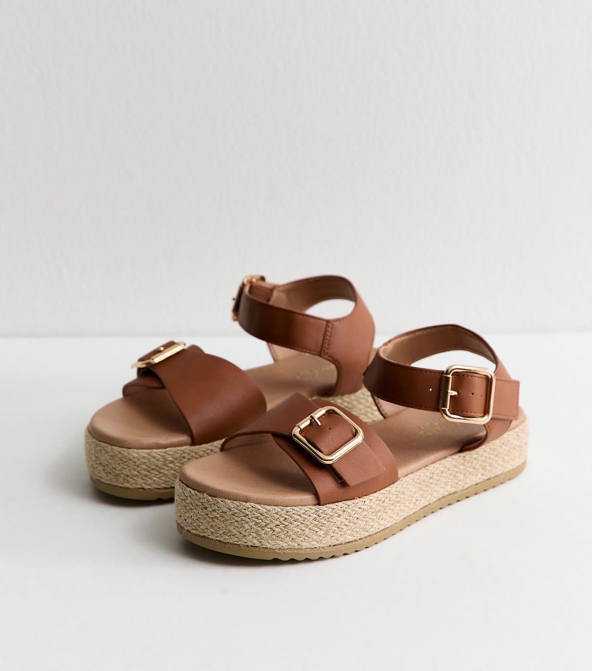 New Look Women's Wide Fit Tan Faux Leather Buckled Strap Flatform Sandals Vegan New Look