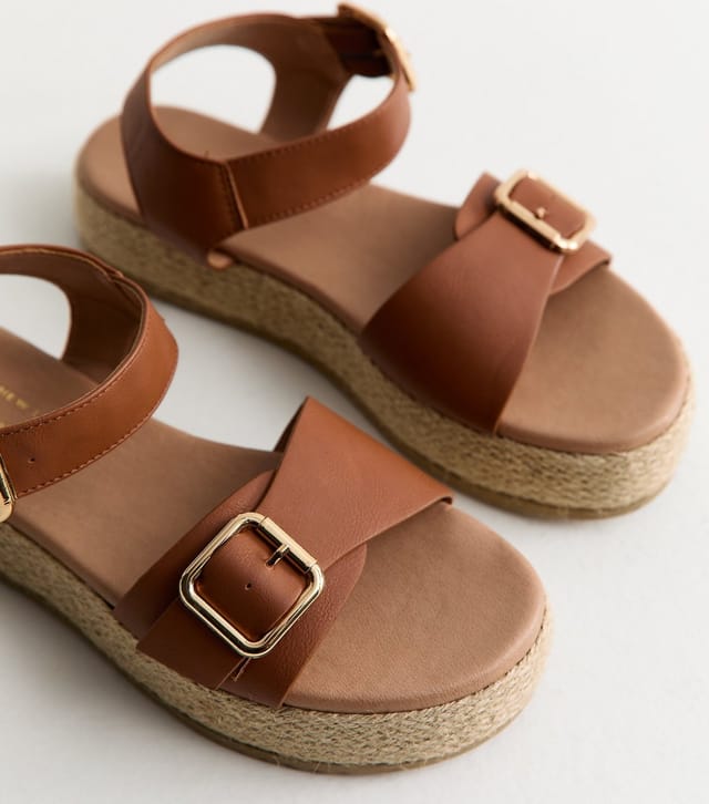 New Look Women's Wide Fit Tan Faux Leather Buckled Strap Flatform Sandals Vegan New Look - 3