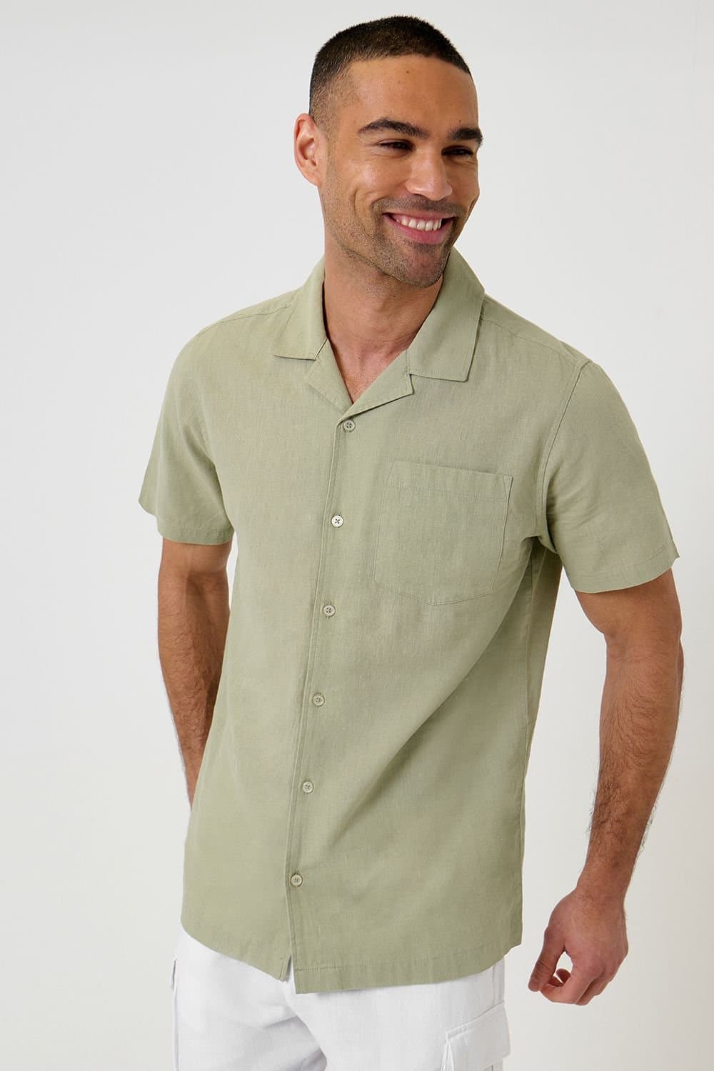 Threadbare Threadbare Men's Linen Cotton Blend Short Sleeve Shirt in Pale Green