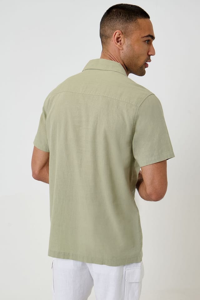 Threadbare Threadbare Men's Linen Cotton Blend Short Sleeve Shirt in Pale Green - 2