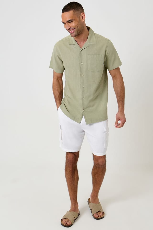 Threadbare Threadbare Men's Linen Cotton Blend Short Sleeve Shirt in Pale Green - 3