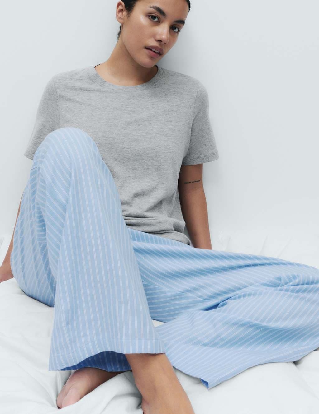 Marks & Spencer M&S Pure Cotton Pyjama Set With Woven Bottoms Grey Mix