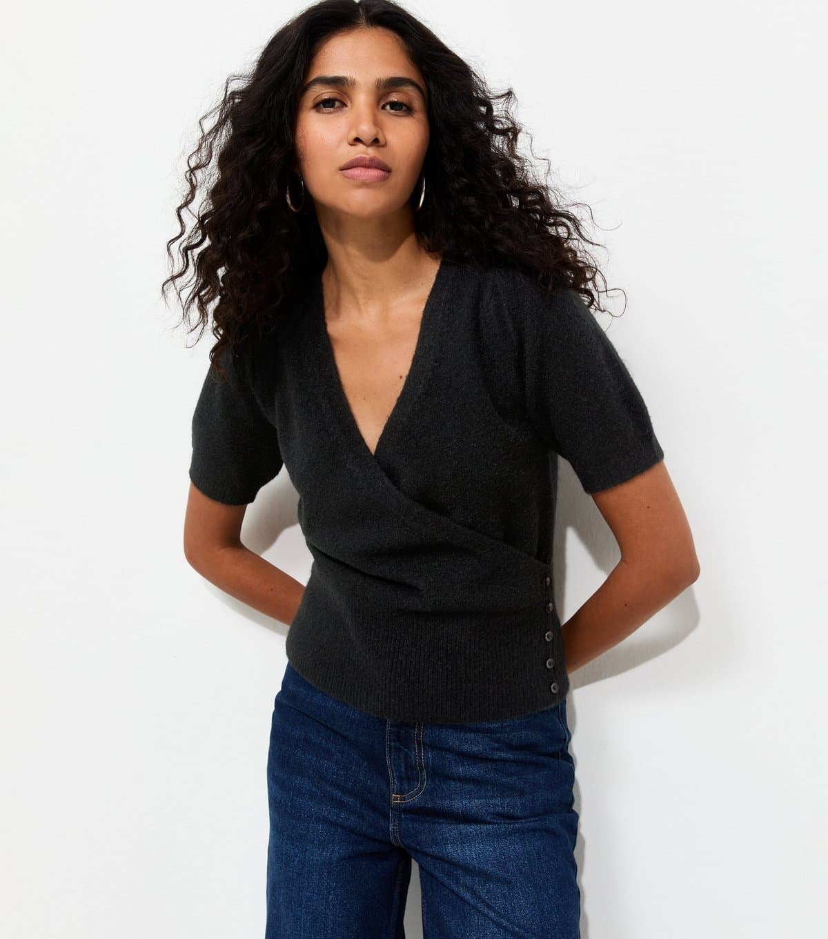 New Look Women's Black Wrap Front Puff Sleeve Knitted Top New Look